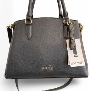 Nine West Tansy black satchel with gold hardware and long strap NWT